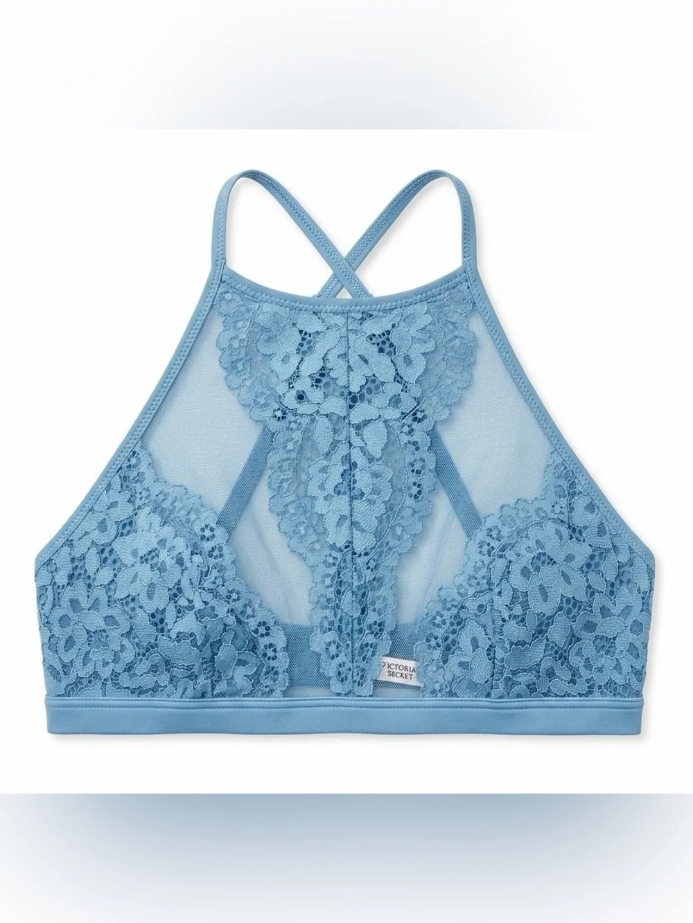 Victoria's Secret Sz. M dusty cornflower blue lace bralette with floral design.